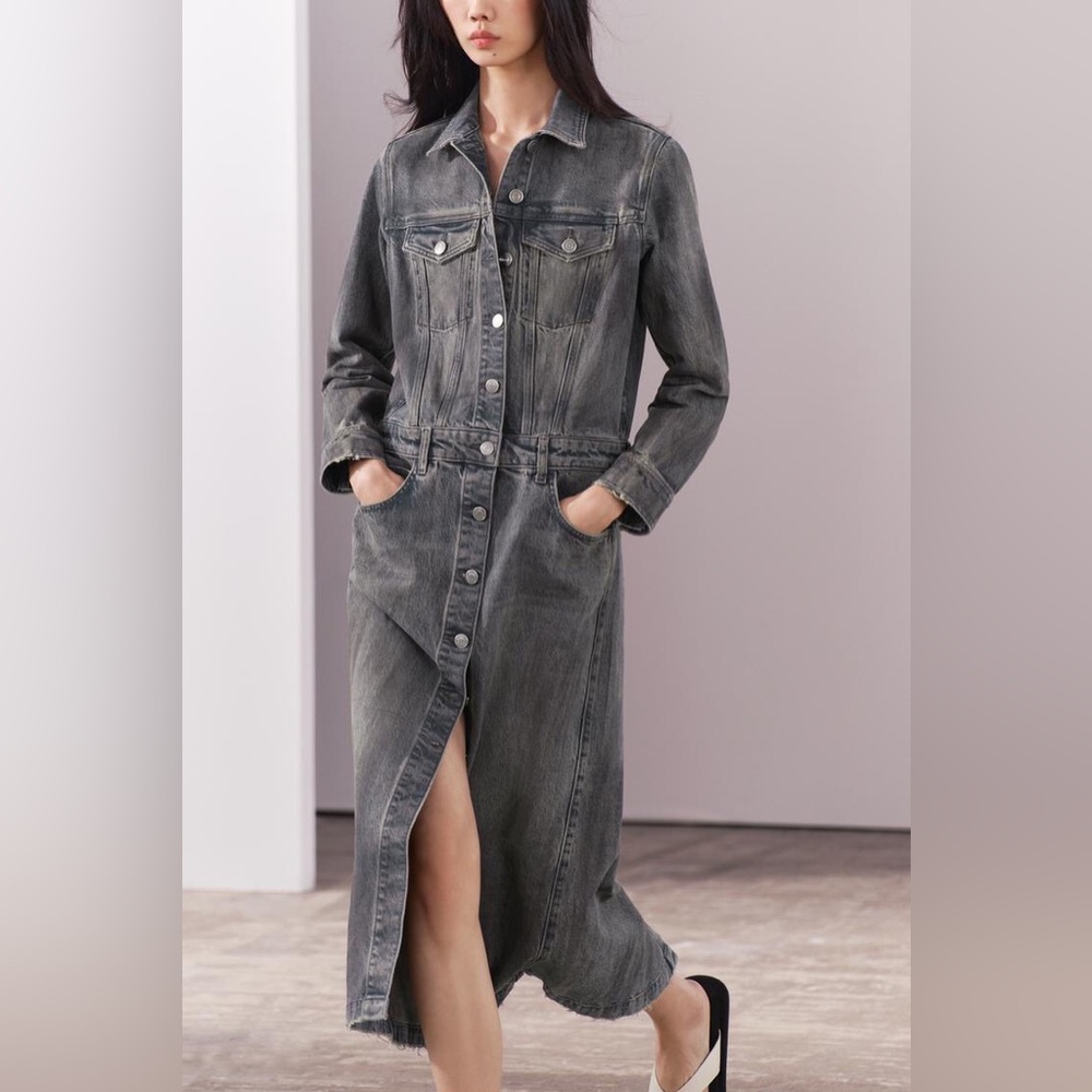 ZARA ZW Collection Denim Cotton Shirt Midi Dress Size Small Gray Wash $139 NWT - Picture 3 of 13